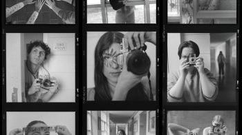 Nine-photo grid of film photographs of students in a film photography class. Eight are pictures of students in the class and one is a photo of their hands around a camera.